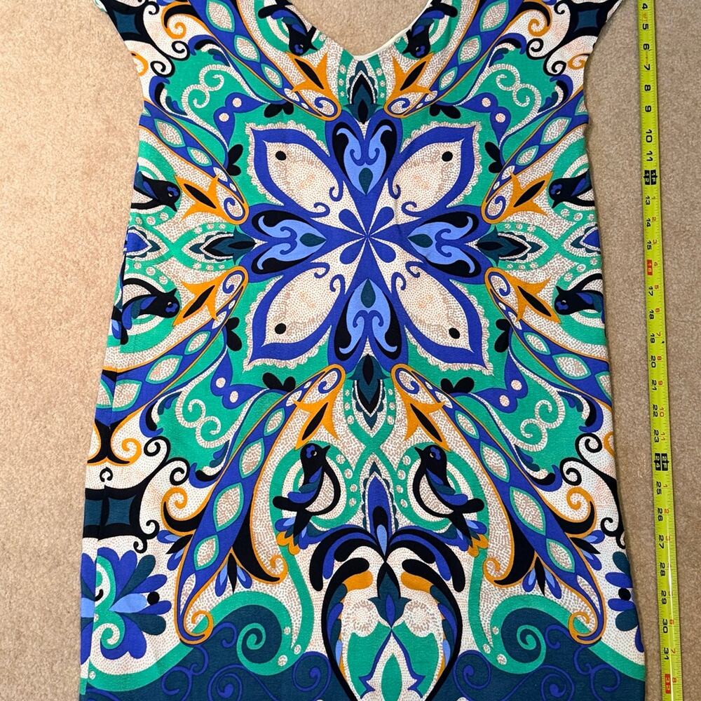 Maeve Anthropologie Shift Dress Small Blue Green Bird Art Deco Boho Mini V-Neck